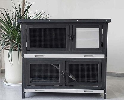 Double Level Solid Wood Rabbit Hutch Small Animal Cage for Rabbits, Guinea Pigs, Hedgehogs & Lizards Indoor/Outdoor– 2-Tier Eco-Friendly Habitat with Bedding Area, Durable & Easy to Clean