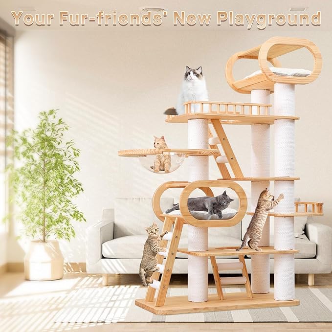 77‘’ Modern Cat Tree, Tall Wood Cat Tower for Indoor Cats Large Adult, Heavy Duty Cat Tree with Scratching Post, Luxury Kitty Condo, Sturdy Cat Furniture with 1 Transparent Bed and 3 Climb Labber