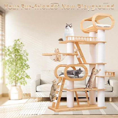 77‘’ Modern Cat Tree, Tall Wood Cat Tower for Indoor Cats Large Adult, Heavy Duty Cat Tree with Scratching Post, Luxury Kitty Condo, Sturdy Cat Furniture with 1 Transparent Bed and 3 Climb Labber