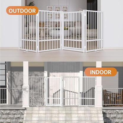 Full Metal Freestanding Dog Gate with Door, 32''Height Foldable Pet Dog Fence for Indoor & Outdoor, 8 Panels Extra Wide Free Standing TallDog Gates for Doorways,House,Stairs,Porch,Deck,Yard