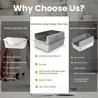 Enclosed Stainless Steel Cat Litter Box with Lid, Oversize Metal Litter Box for Multi Cats, XXXL Supersize Cat Toilet with High Side, Non-Stick, Anti-Leakage, Odorless, with Litter Mat & Litter Scoop