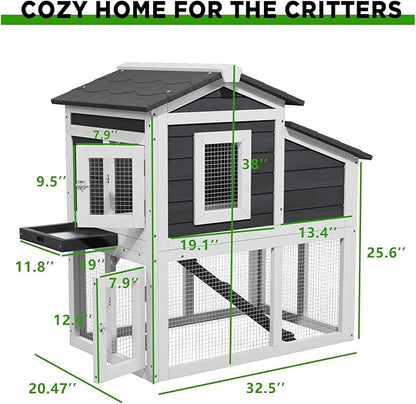 2 Story Rabbit Cage, Weatherproof Rabbit Hutch Indoor & Outdoor, Wooden Guinea Pig Cages with Removable Tray Openable Roof for Small to Medium Animals
