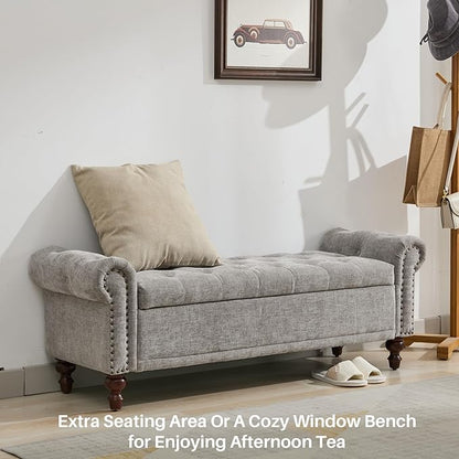 58.1'' Storage Bench Upholstered Chenille End of Bedroom Bed Bench Ottoman with Tufted Cushioned Rolled Arm Large Storage Space for Reading Living Room Entryway, Light Grey