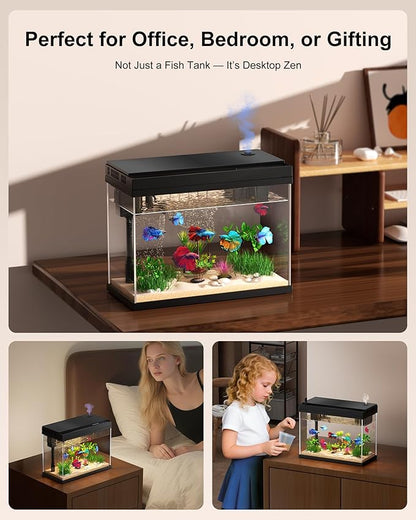 Fish Tank with Desktop Humidifier, 2.38 Gallon Quiet Eco Aquarium,Smart Touch LED Light & Temperature Display, Glass Mini Fish Tank