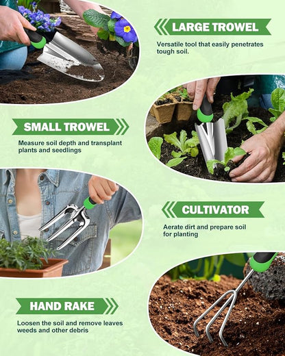 Garden Tools Set, 8 in 1 Heavy Duty Garden Tools Kit, Stainless Steel Ergonomic Gardening Hand Tool with Upgraded Bag, Gardening Supplies Gift for Women, Kid, Organizer