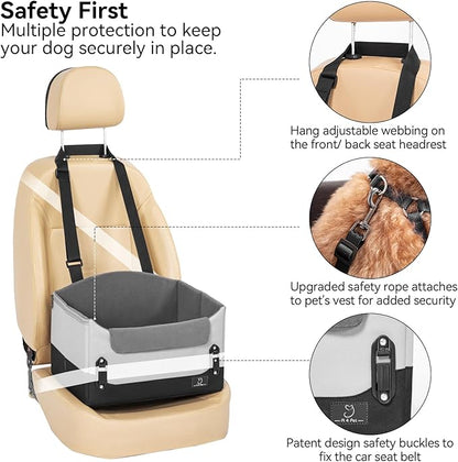 A4Pet Dog Car Seats for Small Dogs, Booster Car Seat with Patent Buckles & Clip-On Safety Leash, Pet Seat for Puppy Small Dogs Cats Under 25 Lbs, Grey