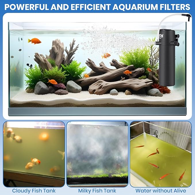 Aquarium Filter for 40-120 Gallon Tank, Fish Tank Filter with Wave-Maker Oxygenation Circulation, Adjustable Air Flow Filter for Freshwater & Saltwater, 4 in 1 Submersible Filter (12W)