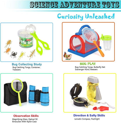 ESSENSON Outdoor Explorer Kit & Bug Catcher Kit with Binoculars, Compass, Magnifying Glass, Critter Case and Butterfly Net Great Toys Kids Gift for Boys & Girls Age 3-12 Year Old Camping Hiking