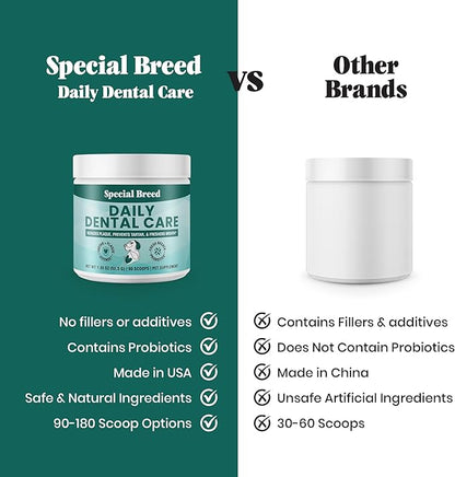 Dog Teeth Cleaning Powder – Natural Dog Dental Powder for Tartar Control, Fresh Breath & Gum Health – Daily Plaque Remover with Zeolite, Brown Algae, Probiotics & Rosemary – 90 Scoops