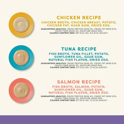 Applaws Lickable Cat Treats, Natural Grain-Free Purée, Limited Ingredient Variety Pack with Chicken, Tuna & Salmon Squeeze Up Treats (50 x 0.5oz Sachet Tub)