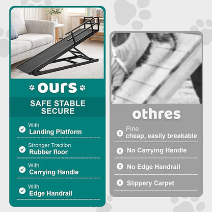 Dog Ramp for Bed, Adjustable Pet Ramps for Dog to Get on Bed, Non-Slip Rubber Surface - Folding Wooden Dog Ramp for Small/Large/Old Dogs, Adjustable up to 31 inch High Beds, Safety Railings