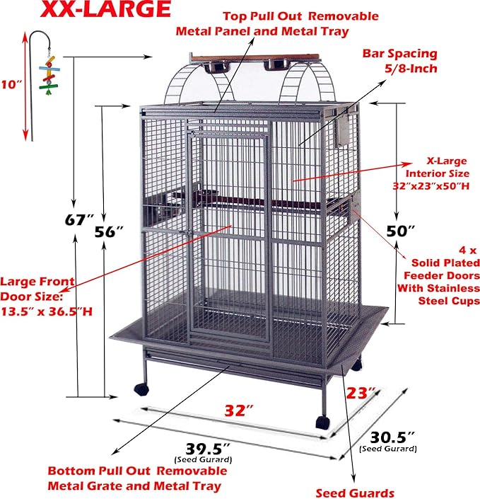 Extra Large Double Ladders Open Play Top Wrought Iron Bird Parrot Parttot Finch Macaw Cockatoo Cage, Include Seed Guard and Toy Hook (32" x 23" x 66"H White Vein)
