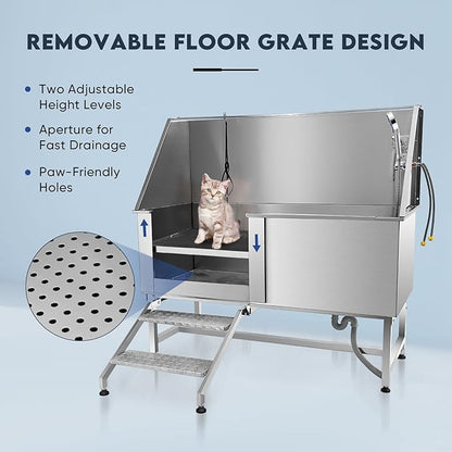 62" Pet Dog Bathing Station,Professional Stainless Steel Dog Grooming Tub,Pet Bathing Tub Dog Bathing Station with Faucet Walk-in Ramp Accessories,Commercial or Household use, (Extra Large)
