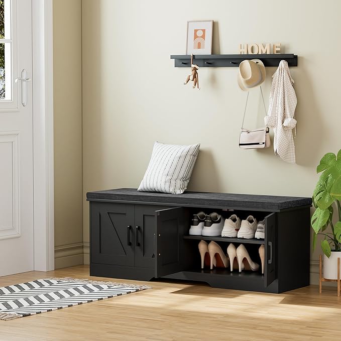 2-Tier Storage Bench, Shoe Bench with Padded Seat Cushion, Entryway Bench with 4 Barn Doors, Adjustable Shelf, 13.8" D x 47.2" W x 17.7" H, for Entryway, Living Room, Bedroom, Black
