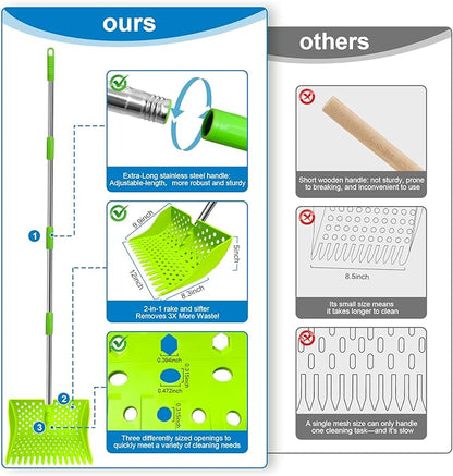 12-Inch 2-in-1 Chicken Poop Scooper & Rake – US Patent Pending – 3-Shape Sifting Holes Chicken Coop Rake，Stainless Steel Handle （20–61"）– Litter Scoop Sand & Sifting Shovel for Chicken Coops(Green)