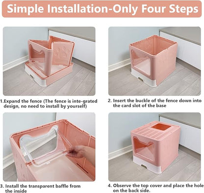 Foldable Cat Litter Box with Lid, Enclosed Potty, Large Top Entry Anti-Splashing Toilet, Easy to Clean Including Litter Scoop and 2-in-1 Cleaning Brush (Pink)