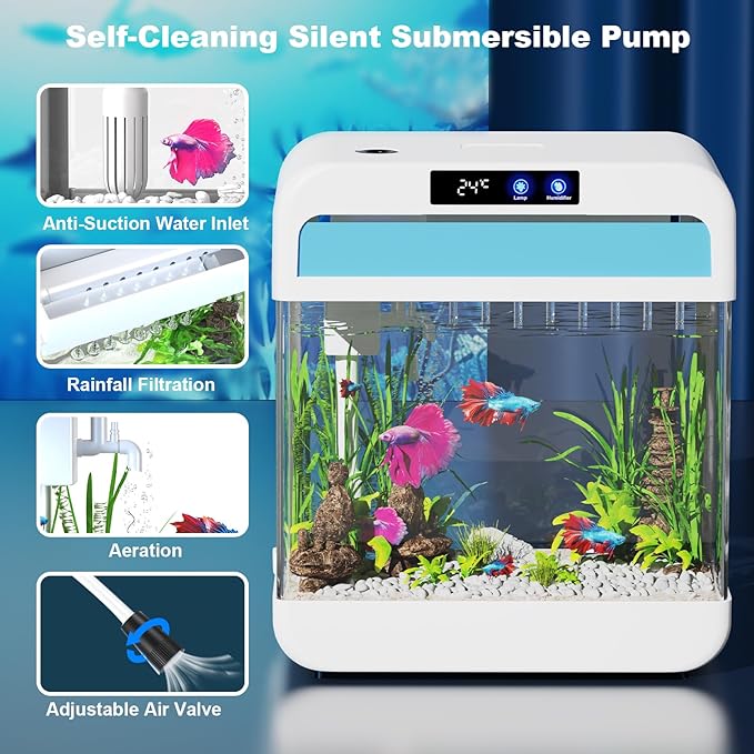 Fish Tank Aquarium 2.2 Gallon with 7 Color Auto-Looping Light, Fish Bowl with Humidifier 3 in 1 Pump - Filteration & Oxygenation & Circulation, Temperature Display, HD Float Glass, Thickened Base