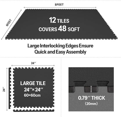 AIRHOP 0.79in Thick 48 Sq Ft Exercise Equipment Mats, 12 Tiles Upgraded Rubber Top with High Density EVA Foam, Large Interlocking Puzzle Gym Flooring for Home Gym, Heavy Weight Workout,Black