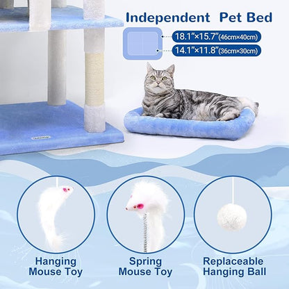 Globlazer Heavy Duty Cat Trees for Large Cats, Sturdy 72in Maine Coon Cat Tree for Large Cats 20 lbs+ Heavy Duty Cat Tower for Adult Biggest Cat with 6 Scratching Posts, Hammock, S72, Ocean Blue