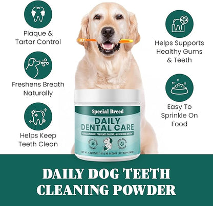 Dog Teeth Cleaning Powder – Natural Dog Dental Powder for Tartar Control, Fresh Breath & Gum Health – Daily Plaque Remover with Zeolite, Brown Algae, Probiotics & Rosemary – 90 Scoops
