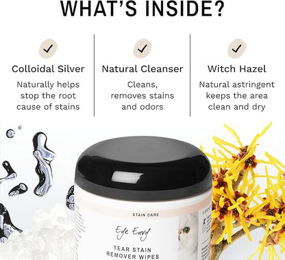 Eye Envy Tear Stain Wipes for Cats. Textured to Gently Clean, Treats The Cause of Staining. 100% Natural Formula. Recommended by Persian & Exotic Breeders, Vets, Groomers. USA Made. 60 Cat Eye Wipes