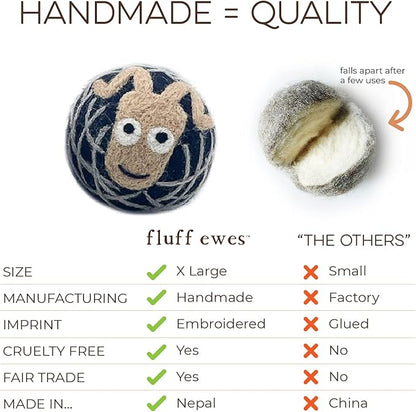Fluff Ewes Wool Dryer Balls 3 Pack Premium New Zealand Wool Laundry Balls for Dryer, No Static Dryer Balls Laundry Reusable Cute - XL Wool Dryer Balls Cute, Baby Dryer Balls for Dryers - Darks