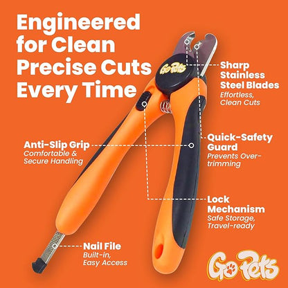 GoPets Nail Clipper for Large Sized Pets, Quick Sensor Safety Guard, Heavy Duty Trimmer for Thick Nails, Stainless Steel Blades, Grooming Tool for Dogs & Cats, Non-Slip Handle, Built-in Nail File