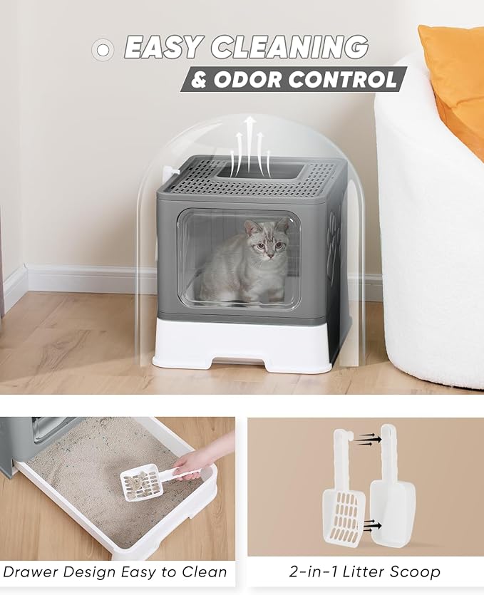 Enclosed Cat Litter Box, Large Litter Box for Big Cats, Covered Kitty Litter Boxes with Lid, Top Entry Cat Box Enclosure with Scoop, Odor Control, Easy to Clean(Grey)