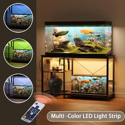 50-75 Gallon Fish Tank Stand with Power Outlet & LED Light, Metal Aquarium Stand with 3 Tier Adjustable Storage Shelves, Tank Stand for Reptile Tank, Turtle Tank, 52" L*19.5" W, Black