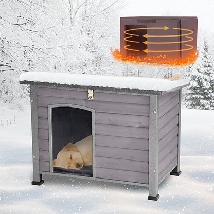 Feral Dog House Outdoor,Anti Bite Iron Frame Dog Kennel,Wood Warm Pets Home,Insulated Weatherproof Outside Shelter for Feral Animal (33.5"(L)×22"(W)×25.2"(H)-Grey-in)