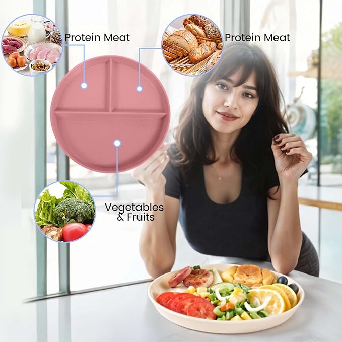 10 Pcs Unbreakable Divided Plates for Kids Adults, 9 Inch Round Portion Control Plate, 3 Compartment Plates with Dividers, Lightweight Reusable Dinnerware Portion Control Plastic, Dishwasher Safe