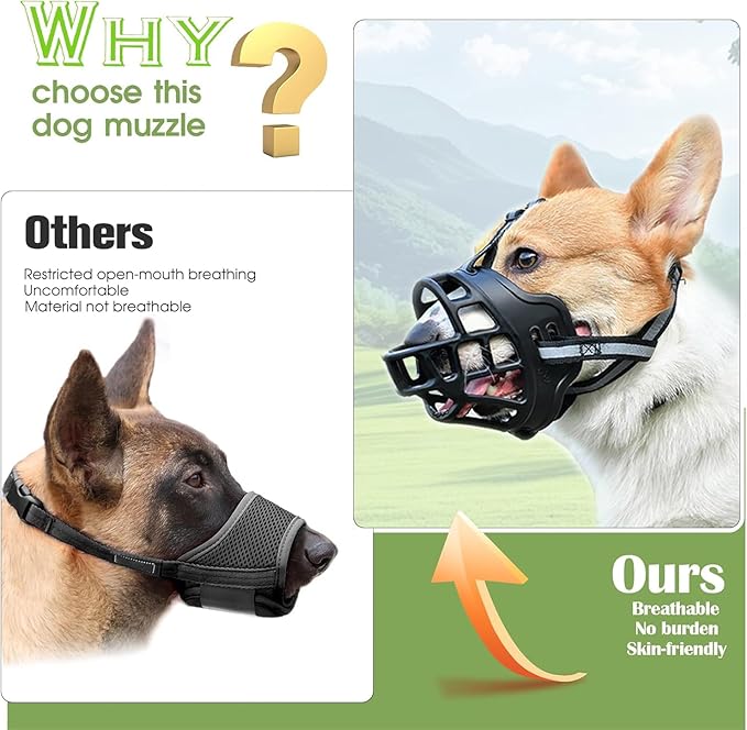 Dog Muzzle, Breathable Basket Muzzles for Small Medium Large Sized Dogs, Adjustable Humane Cage Mouth Cover for Scavenging Grooming Biting Chewing, Allows Panting and Drinking(Soft Rubber, M)