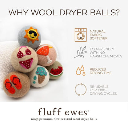 Fluff Ewes Wool Dryer Balls 6 Pack Premium New Zealand Wool Laundry Balls for Dryer, No Static Dryer Balls Laundry Reusable, XL Wool Dryer Balls Cute, Baby Dryer Balls for Dryers - Fun in The Sun