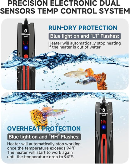 fishkeeper 300W/500W/800W Submersible Aquarium Heater for 40-220 Gal (Run-Dry/Overheat/Low-Temp Protection)(Precision Electronic Smart Thermostat)(Adjustable Temperature) Ultra-Safe Fish Tank Heater