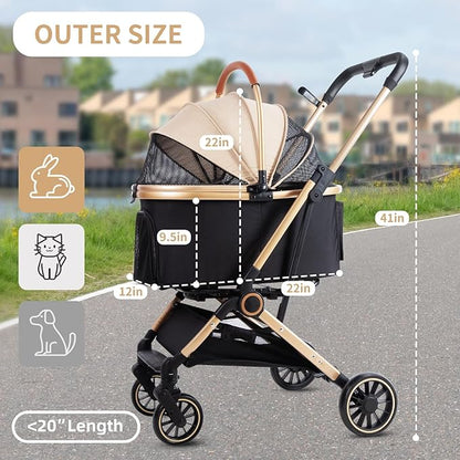 3 in 1 Pet Stroller with 4 Wheels, Foldable Pet Travel Carrier for Small/Medium Dogs Cats up to 50lbs, Detachble Portable Pet Bag, Storage Basket