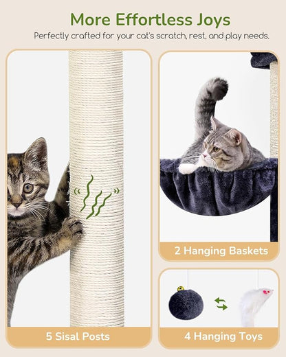 Globlazer Heavy Duty Cat Tree Tower, 73in Tall Cat Tree for Indoor Cats Large Adult, Cat Condo for Large Cats with 5 Scratching Posts, 2 Cat Caves, 2 Padded Perches, 2 Hanging Baskets, F73, Dark Gray