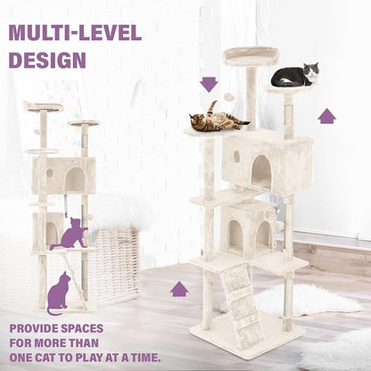 70 Inches Cat Tower for Indoor Cats Multi-Level Cat Condos XL Cat Tree Climbing Tower with Scratching Posts, Hanging Toys, Beige