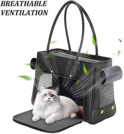 Fashion Pet Carrier Purse for Small Cat and Dog, Luxury Pu Soft-Sided Tote Bag with Large Pockets for Dogs and Puppies (Black, 15.8" L x 7.5" W x 11.8" H)