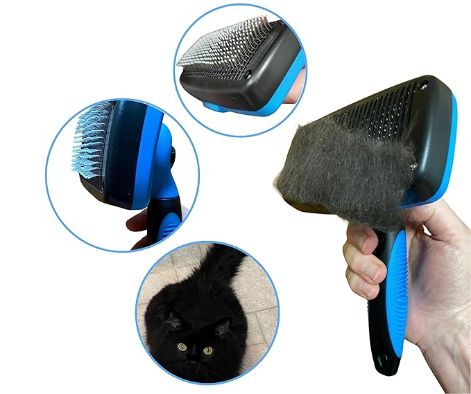 3-in 1 Dog & Cat Grooming Supplies- Self-cleaning Slicker Brush, Deshedding Rake Comb, And Finger Toothbrush For Dogs & Cats | Perfect For Pet Grooming Kit, Dematting And Dental Tool (blue)
