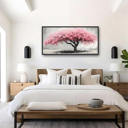 Extra Large Framed Pink Tree Wall Art,Abstract Tree of Life Wall Decor,Pink and Grey Pictures for Living Room,Canvas Print Painting Modern Artwork Bedroom Office Bathroom Home Decor 60L x30W