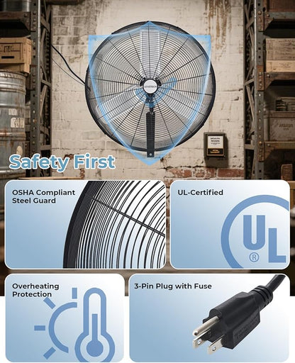 30 inch Wall Mount Fan Oscillating, 3-Speed 8850 CFM High Velocity Industrial Wall Mounted Fan, Heavy Duty Air Circulator for Garage, Shop, Gym, Workshop, Covered Patio - UL Listed