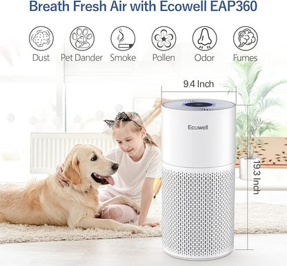 Air Purifiers for Home Large Room Cover 1640 sq.ft, Air Purifiers for Bedroom H13 True HEPA Filter Air Cleaner to Removes 99.97% Mold Pollen Smoke Pet Dander Dust Odor, ECOWELL Model: EAP360