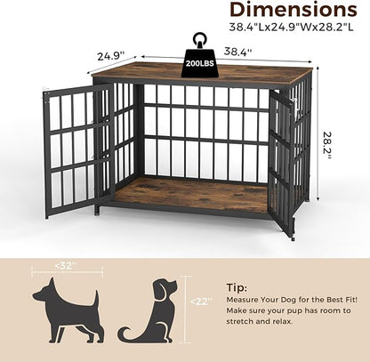 38 Inch Heavy Duty Wooden Dog Kennel End Table with Double Door Design and Secure Locks, Indoor Pet Crate Furniture for Medium Dogs, Decorative Home Cage Design,Aged Black
