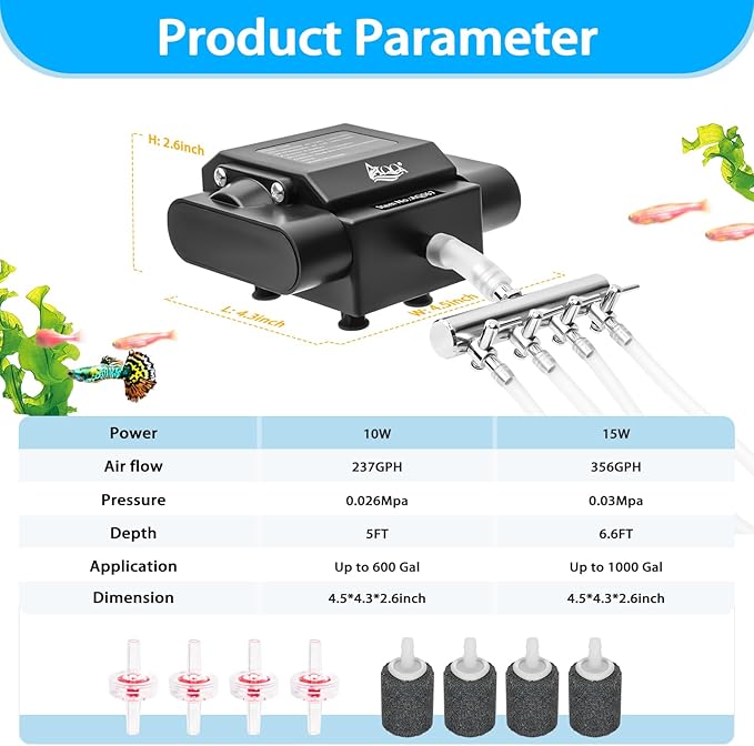 AQQA Aquarium Air Pump Powerful Pond Aerator Oxygen Pump 4 Outlets Adjustable Hydroponic Air Bubbler Pump with Air Stone Tube Air Valves for Up to 1000Gal (15W,356GPH)