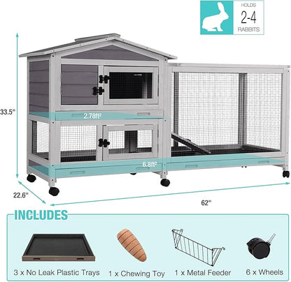 62" Rabbit Hutch with Chew-Proof Ramp & Waterproof Roof - Indoor/Outdoor Bunny Cage, 2-Story Design, 6 Lockable Caster Wheels & Dual Pull-Out Trays (Grey)