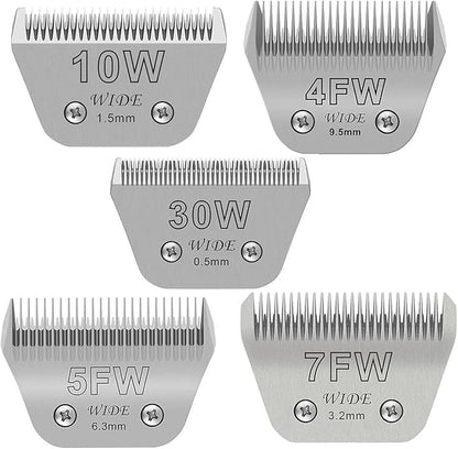 5PCS Wide Blades for Dog Grooming Blades Compatible with Andis Dog Clipper,Dog Clipper Blades for Oster A5,Wahl km10 Dog Clippers Stainless Steel for Animal Dog,Cat,Horse,Size:#10W+30W+4FW+5FW+7FW