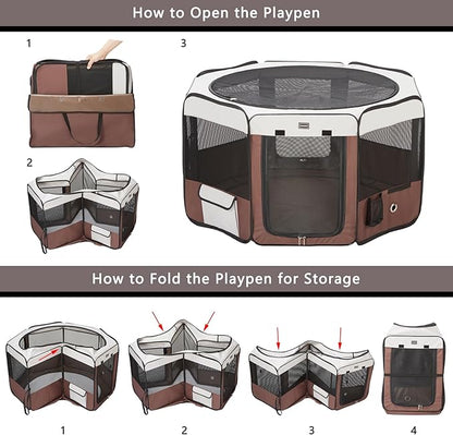 DONORO Dog Playpen Portable Pet Play Pens for Small Dog/Cat/Rabbit/Chicks, Cat Playpen Indoor/Outdoor with Carring Case, Removable Zipper Top and Bottom (Brown, Small (28"x28"x14"), 8)