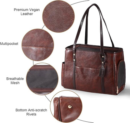 Fashion Dog Carrier Purse, Premium Leather Cat Carrier Bag, Airline Approved Soft Sided Pet Travel Tote Bag with Pockets Coffee