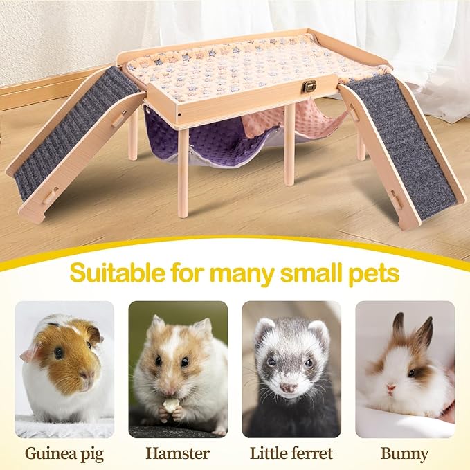 Enlarged Guinea Pig Hammock with Platform and Stairs,Wooden Foldable Piggies Hideout for Guinea Pigs Bunny Ferret Hamster Hiding Sleeping Activities 24L x 12W x 11H in（Double）