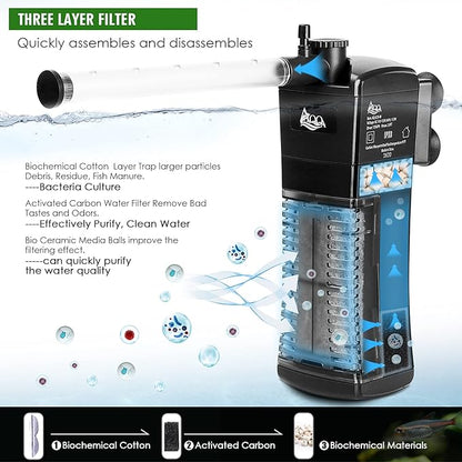 AQQA Aquarium Internal Filter, Submersible Power Filter in-Tank with Adjustable Water Flow, Ultra Silent Sponge Filter for Fish Tank Water Crystal Clear